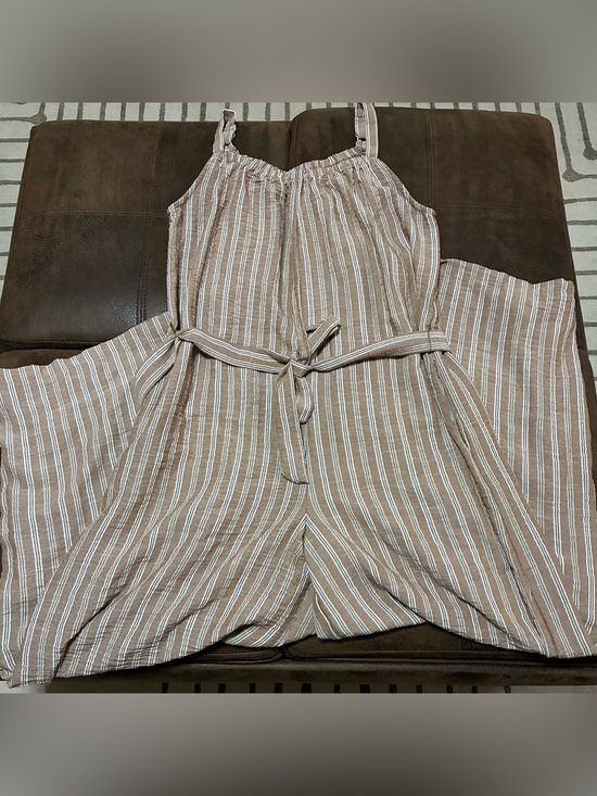 Luxology Pants - Luxology Striped Taupe and White Tie-Waist Wide-Leg Jumpsuit